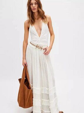 Free People Brynn Maxi Skirt Smocked Tiered Ruffle Mid Rise White